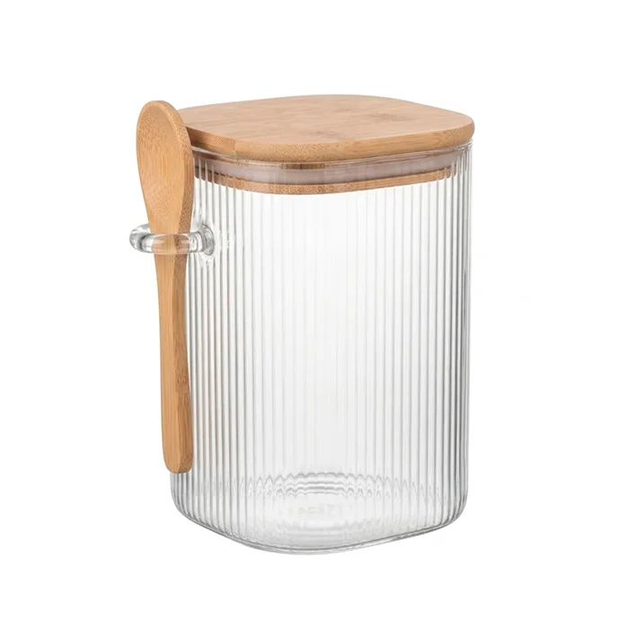 Frasco de vidrio rayado cuadrado con cuchara