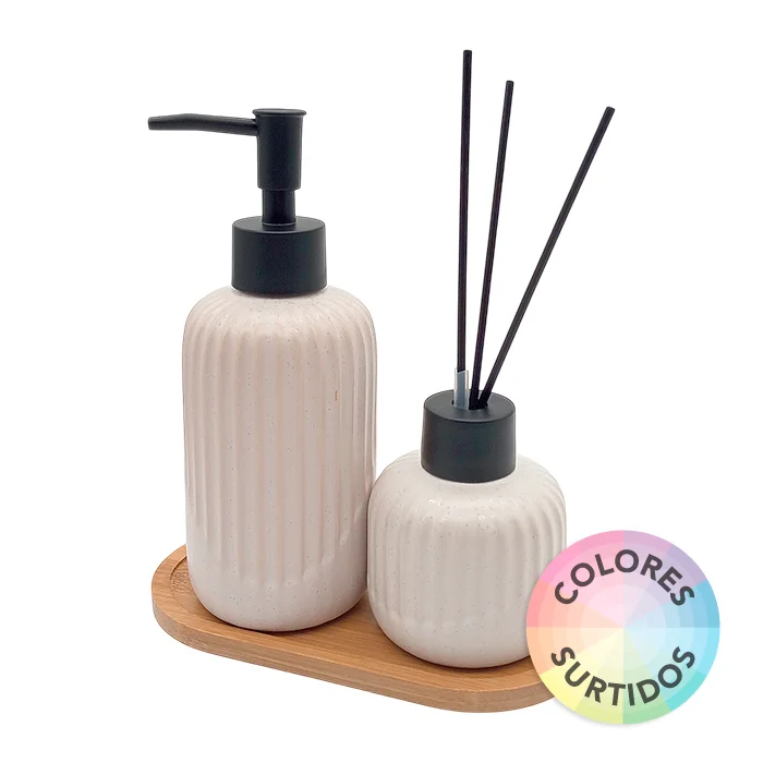 Set de baño 2 piezas de cerámica con bandeja de bambú