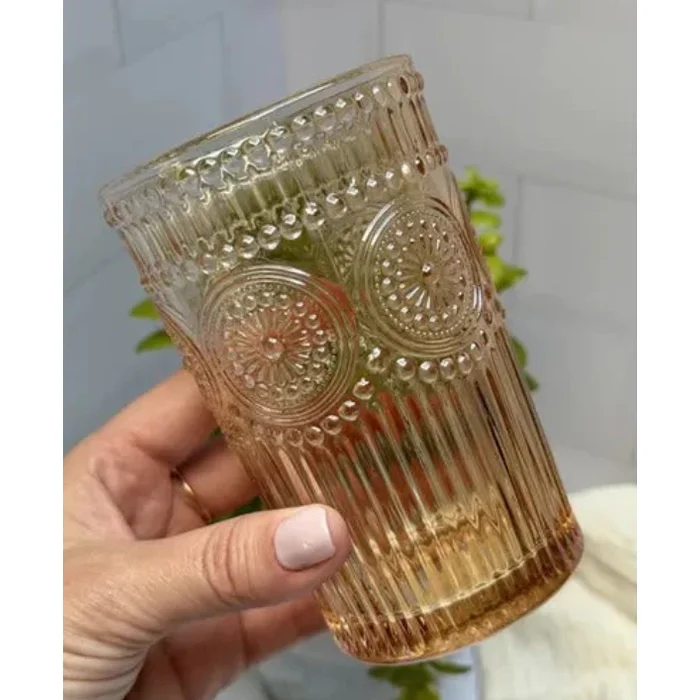 Vaso largo de vidrio dorado labrado pack x6