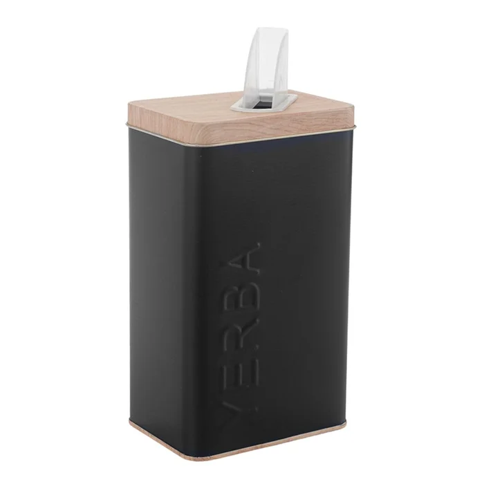Lata yerbera rectangular Línea Nórdica con tapa símil madera