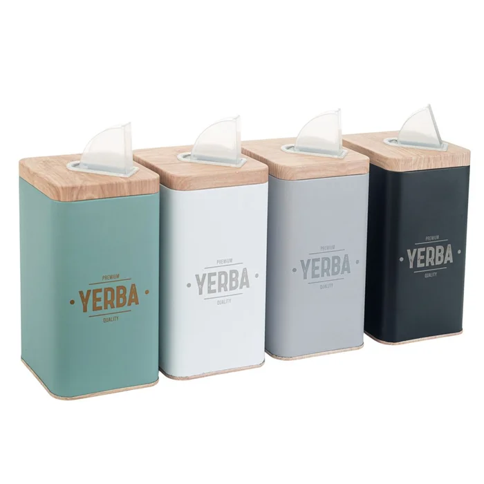 Lata yerbera cuadrada Hava con sellos y tapa símil madera