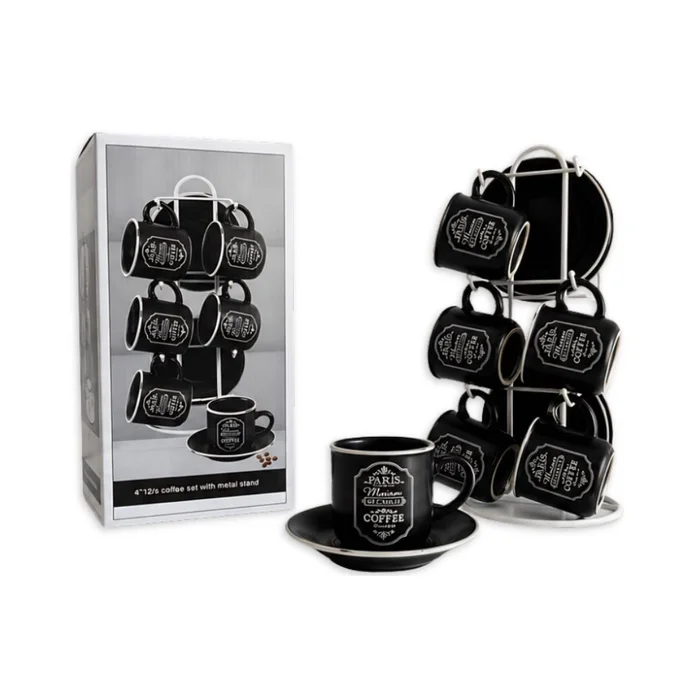 Juego de 6 tazas con plato y exhibidor de alambre