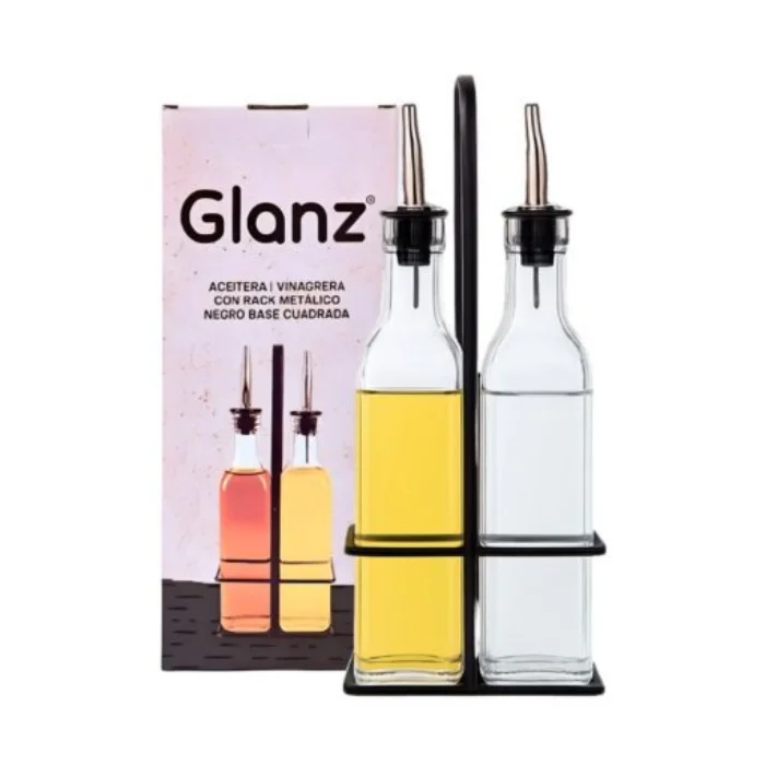 SET ACEITERA-VINAGRERA CUAD.C/SOPORTE METAL GLANZ